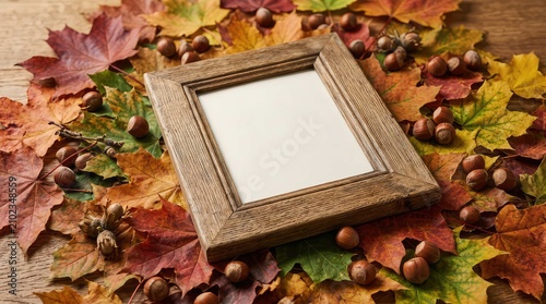 Autumn Maple Leaves Frame on Rustic Wooden Background with Blank Copy Space for Seasonal Nature Design and Vintage Fall Decoration