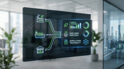 Futuristic holographic dashboard displaying green supply chain analytics, carbon footprint tracking, fair labor practices and logistics data in modern office environment