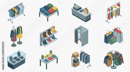 Sleek Isometric of Modern Clothing Store Sections with Colorful Apparel Accessories and Shopping Scenes