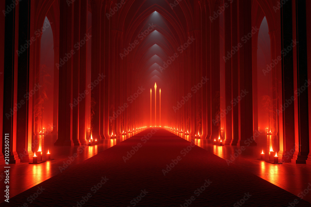 Fototapeta premium Cathedral interior red light gothic hall long aisle vaulted arch candle light sacred space church nave symmetrical perspective glowing altar