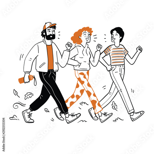 Stepping Forward: Friends Enjoying a Brisk Autumn Walk