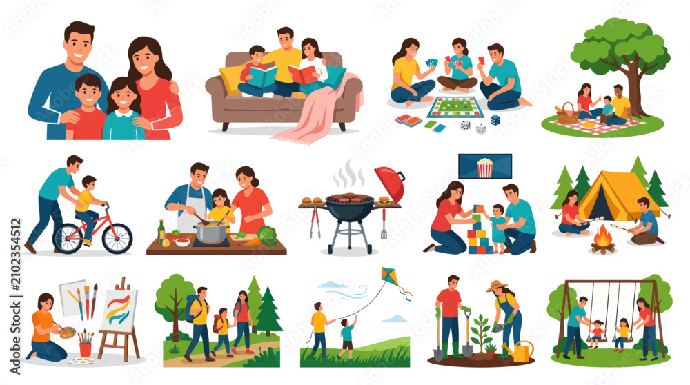 Fototapeta premium Flat Style Vector Icons: Family Activities, Leisure, Outdoor Fun, Home Life