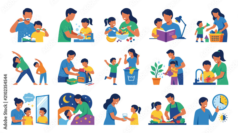 Fototapeta premium Happy Family Daily Routine Activities Flat Vector Illustration