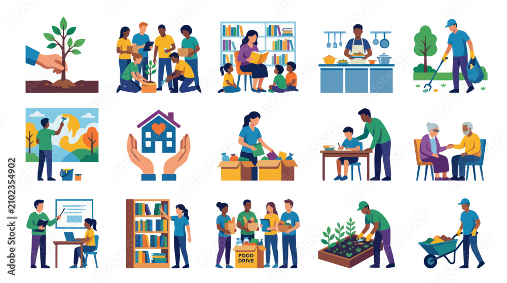 Fototapeta premium Flat Style Icons of People Volunteering, Helping Others, Community Service, Charity