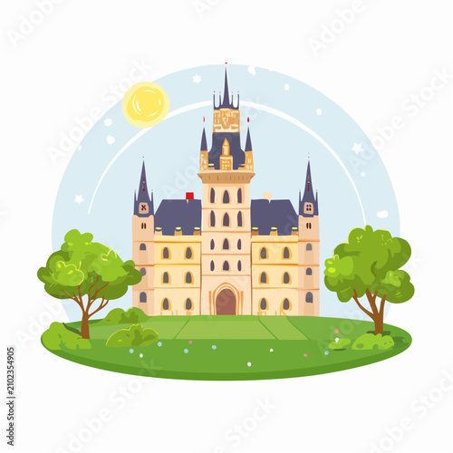 Historic European castle flat vector illustration with trees.