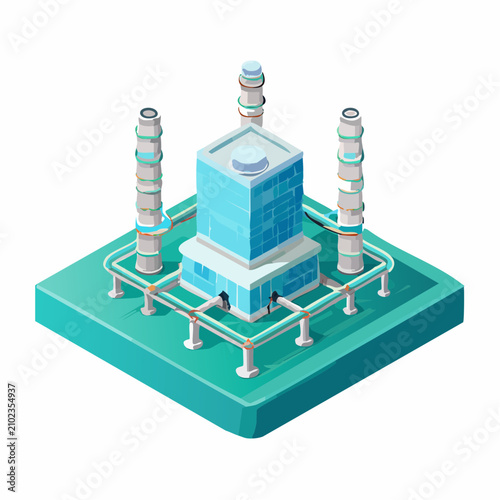 Isometric chemical factory with central building and smokestacks.