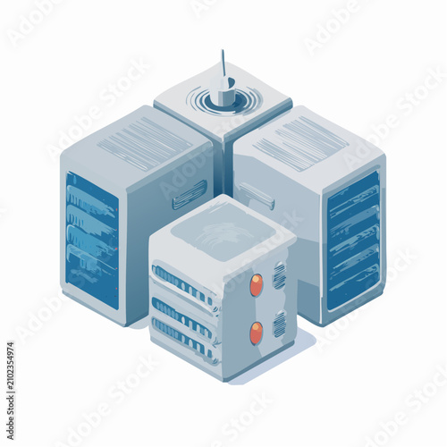 Isometric data center server racks and network storage.