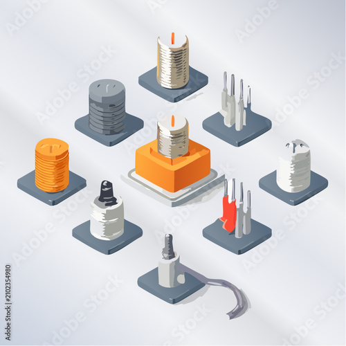 Isometric electrical components coils and industrial capacitor parts.