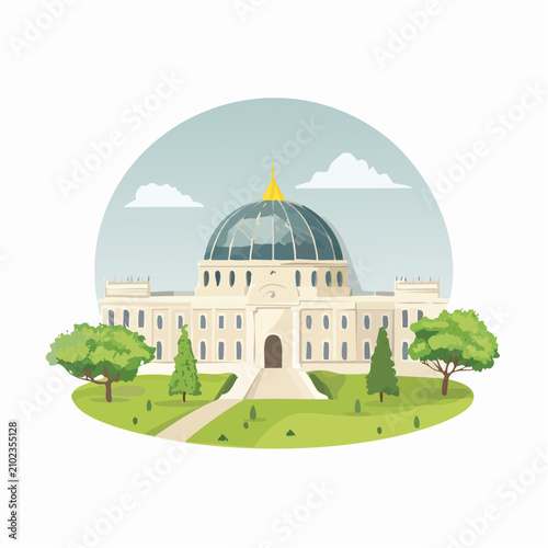 Neoclassical building with central dome and manicured grounds.