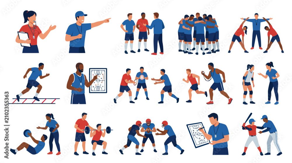 Fototapeta premium Flat Illustration of Diverse Sports Coaches Training Athletes in Team Sports