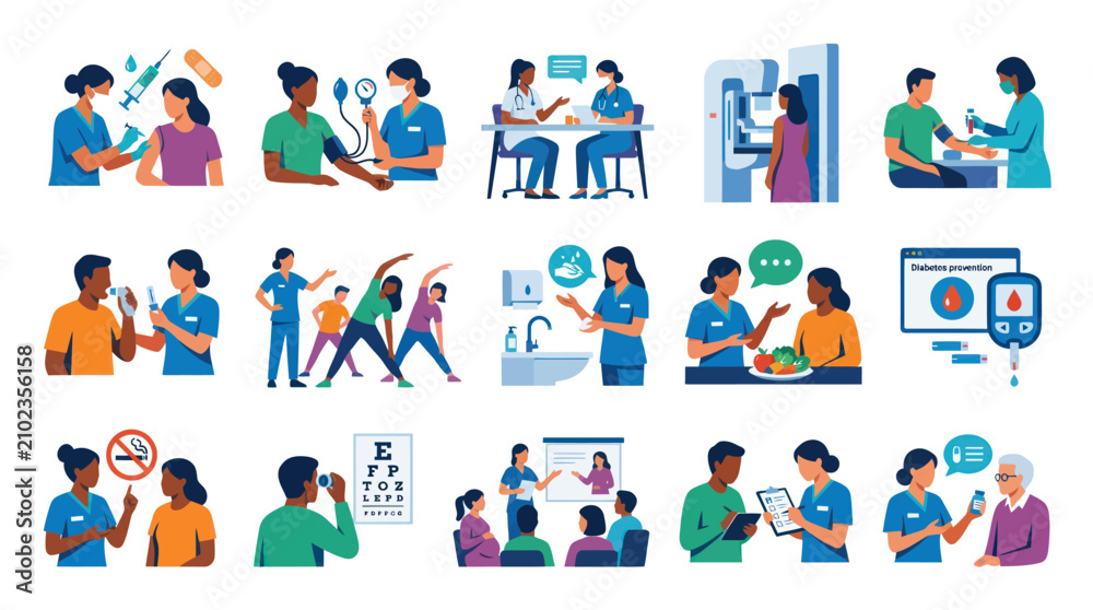 Fototapeta premium Medical Healthcare Prevention, Check-up, and Patient Care Flat Illustration Set with Doctors, Nurses, and Patients