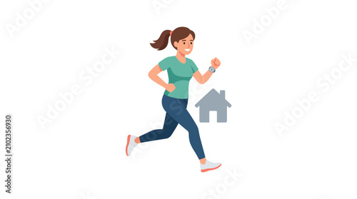 Active real estate agent woman jogging with house icon representing property goals flat design vector illustration