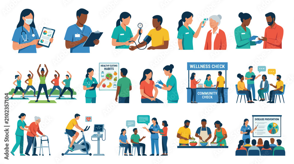 Fototapeta premium Flat Vector Icons: Medical Healthcare, Wellness Check, Community Health, Disease Prevention