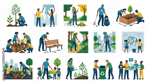 Flat Vector: Community Service, Environmental Volunteering  Gardening Activities by People