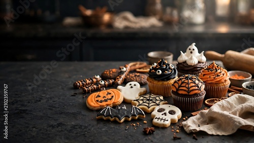 Halloween themed baked goods and cupcakes on dark kitchen counter