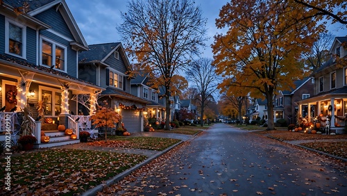 Suburban street decorated for halloween in the evening