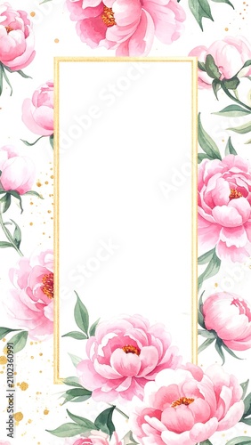 Romantic bouquet of pink peonies with green leaves illustration