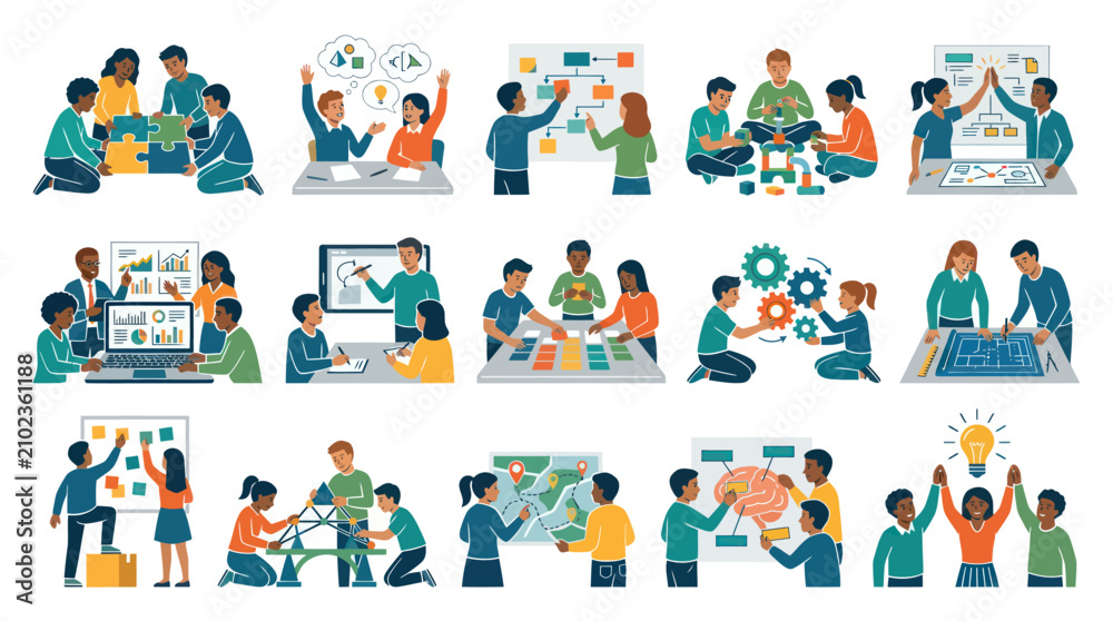 Fototapeta premium Flat Vector Business Technology Teamwork: Collaborative Problem-Solving Innovation Scenes