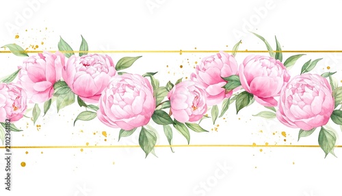 Romantic bouquet of pink peonies with green leaves illustration