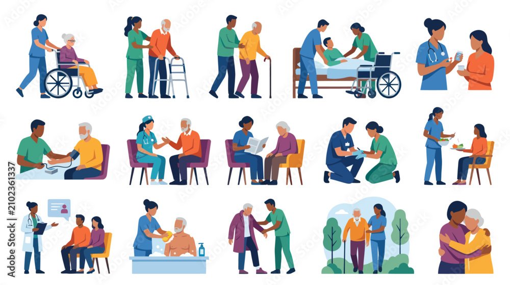 Fototapeta premium Elderly Care Flat Vector Illustration Set: Caregivers Assisting Seniors in Healthcare and Home Environments