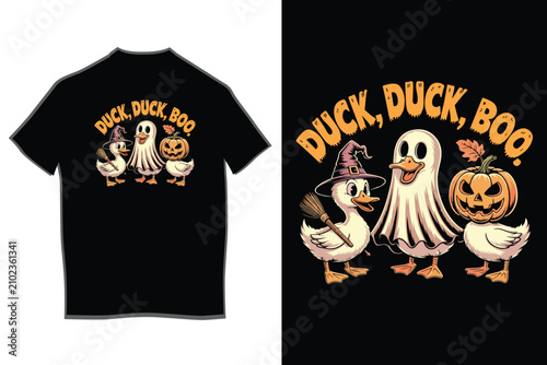 Funny Duck Duck Boo Halloween T-Shirt Vector Design, Cute Ghost Ducks with Witch Hat and Pumpkin Illustration for Print