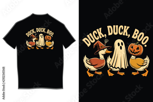 Funny Duck Duck Boo Halloween T-Shirt Vector Design, Cute Ghost Ducks with Witch Hat and Pumpkin Illustration for Print