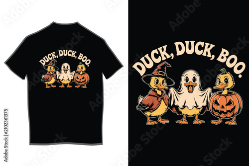 Funny Duck Duck Boo Halloween T-Shirt Vector Design, Cute Ghost Ducks with Witch Hat and Pumpkin Illustration for Print