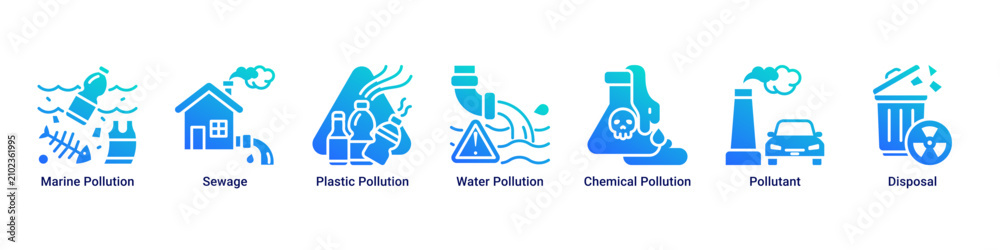 Fototapeta premium Ocean Threat web banner icon vector illustration with icons of Marine Pollution, Sewage, Plastic Pollution, Water Pollution, Chemical Pollution, Pollutant and Disposal