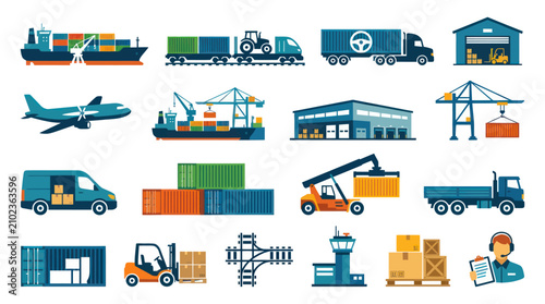 Logistics and Shipping Icons: Flat Design Transportation and Warehousing Objects