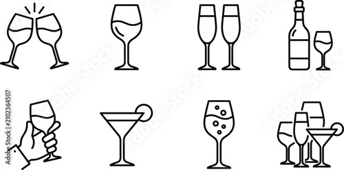 Konstfotografi Wine Glass and Cocktail Bottle Line Art Icon Set for Bar Restaurant and Celebrat