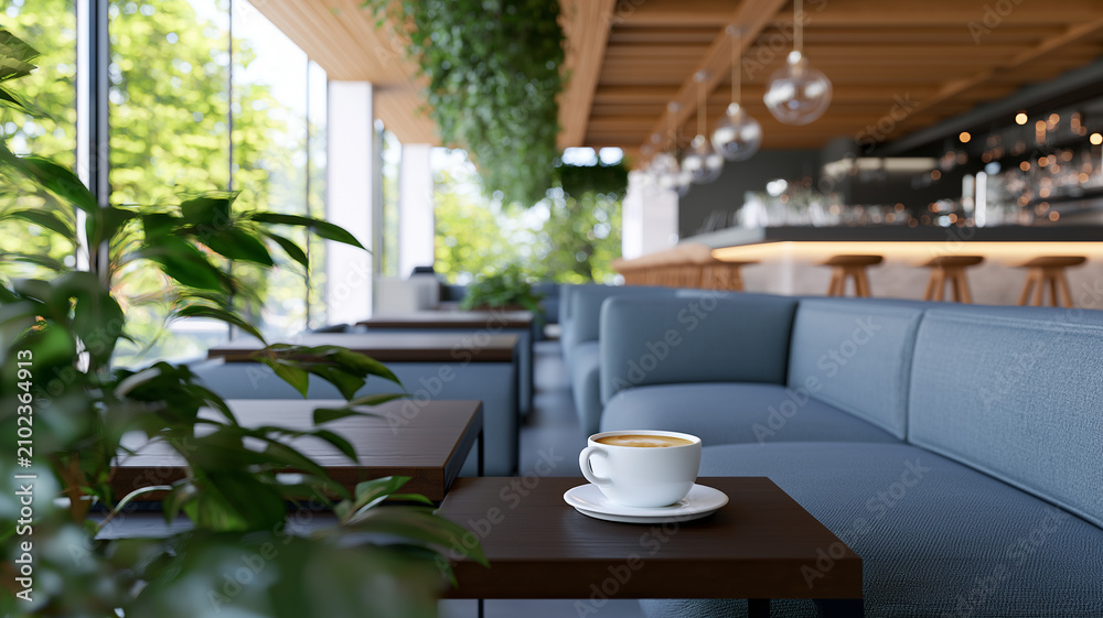 Fototapeta premium White coffee cup rests perfectly on a saucer beside soft seating in a cozy cafe oasis Generative AI