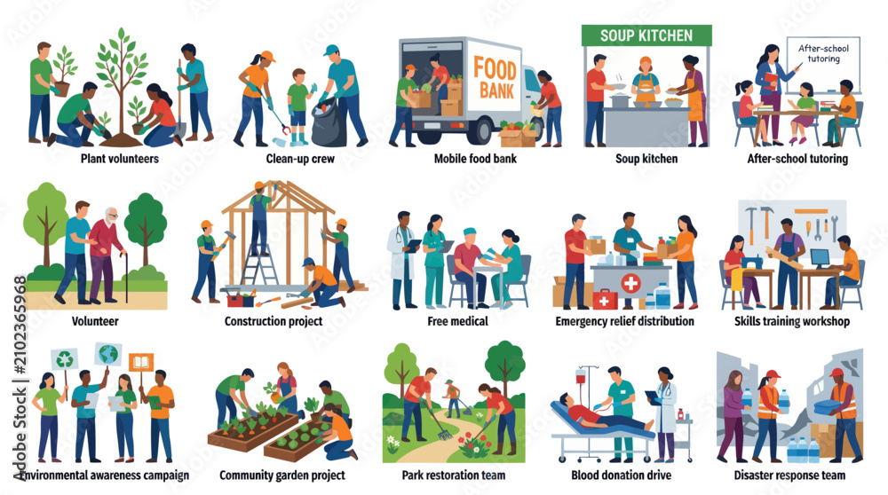 Fototapeta premium Social Responsibility and Volunteer Community Service Activities Flat Vector Illustration Set