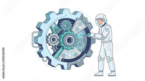 Professional engineer in jumpsuit repairing complex mechanical gear system for industrial optimization flat vector illustration.