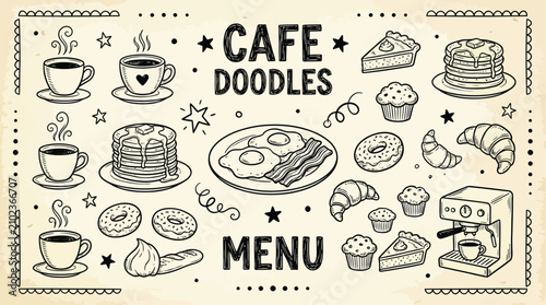 Whimsical Hand Drawn Cafe Doodle Collection Featuring Hot Coffee Cup Morning Breakfast Pastry Croissant Bread and Espresso Icon Isolated on White Background for Restaurant Menu Design