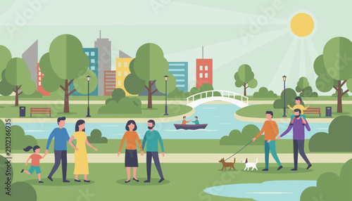 Many diverse citizens enjoy a bright sunny day in the city park by walking, walking their dogs, and riding a wooden boat.