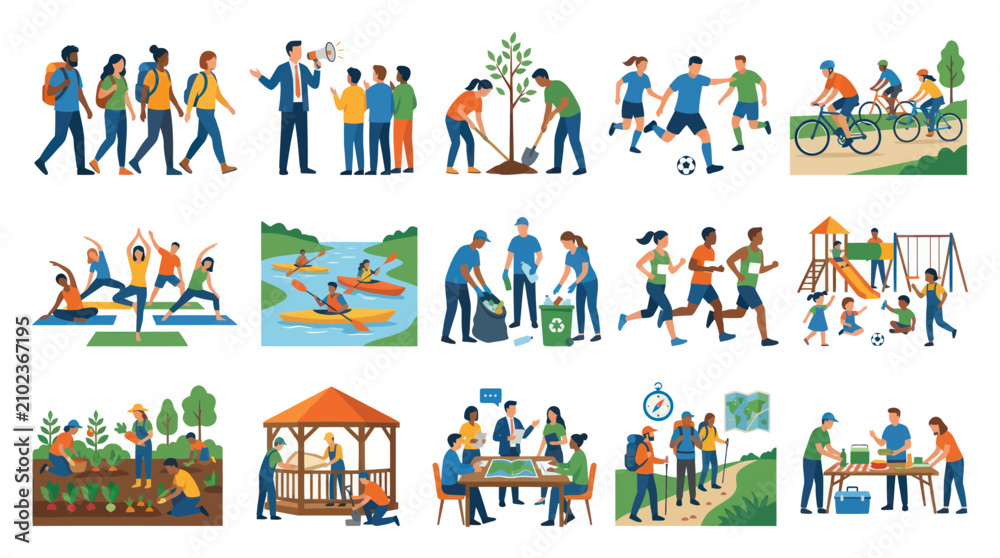 Fototapeta premium Flat Art Vector Illustration: People Enjoying Outdoor Activities and Community