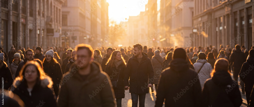 Obraz premium Crowd of people walking on city street in warm sunset light, featuring a young couple in the center of a busy urban pedestrian zone, perfect for lifestyle and community concepts