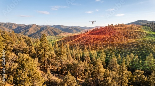 Quadro su tela Aerial survey of a vast forest landscape during a wildfire emergency with wildfi