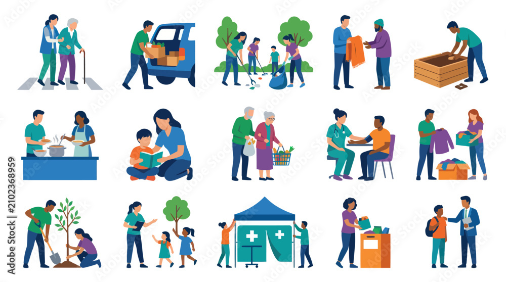 Fototapeta premium Diverse Volunteers Helping Others: Flat Style Illustration Set