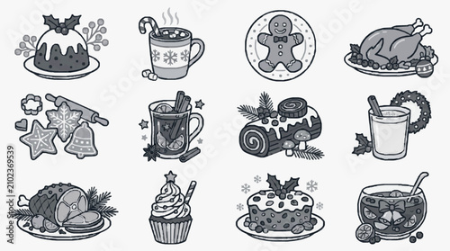 Quadro su tela Sleek Monochromatic Holiday Food and Drink Illustrations Featuring Gingerbread R