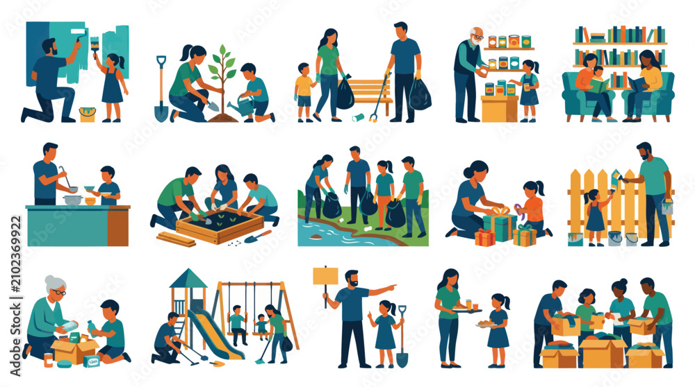 Fototapeta premium Diverse Family Activities: Volunteering, Gardening, Painting, Reading, Community Help