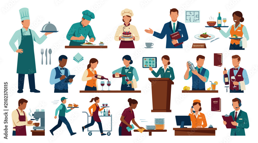 Fototapeta premium Flat Style Restaurant Staff and Food Service Professionals Vector Icons