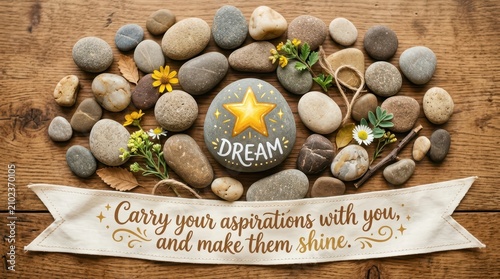 Dream big with inspirational stones and a banner saying 'Carry your aspirations with you, and make them shine'