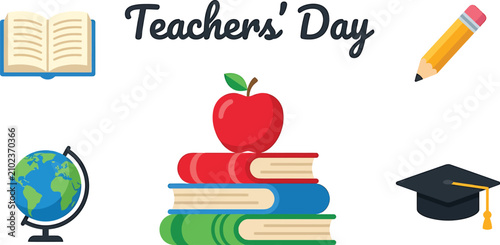 Teachers Day celebration greeting card design with school supplies icons including books globe apple and graduation cap vector illustration