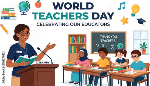 World Teachers Day celebration illustration featuring a female educator teaching diverse students in a classroom setting vector graphic design