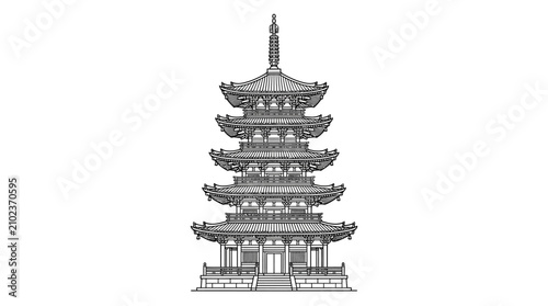 Bild auf Leinwand Dynamic Black and White Line Drawing of a Traditional Multi Story East Asian Woo