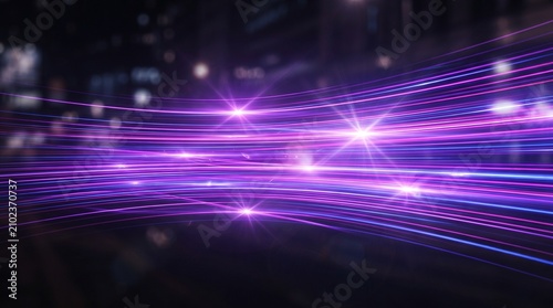 Light trails streak across the frame in vibrant purple hues to represent the fast pace of modern digital communication networks and the constant flow of information throughout our global society.
