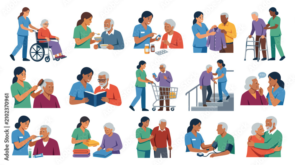 Fototapeta premium Elderly Care Flat Vector Illustrations: Caregivers Assisting Seniors in Daily Life and Healthcare