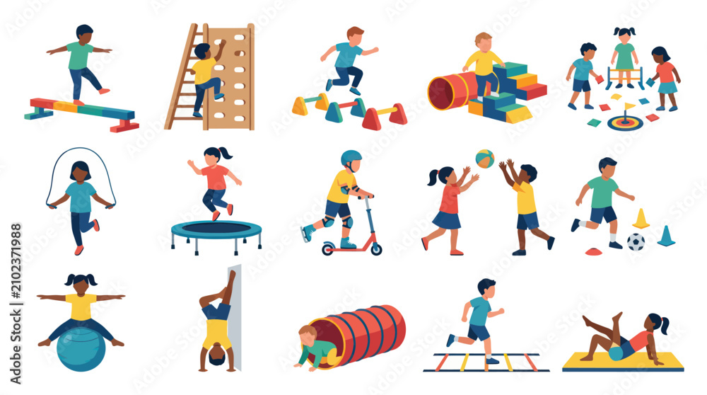 Fototapeta premium Kids Playing and Exercising in Indoor Playground: Flat Style Vector Art
