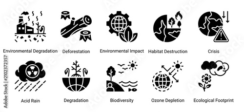 Foto Environmental damage icon set featuring deforestation biodiversity loss acid rai